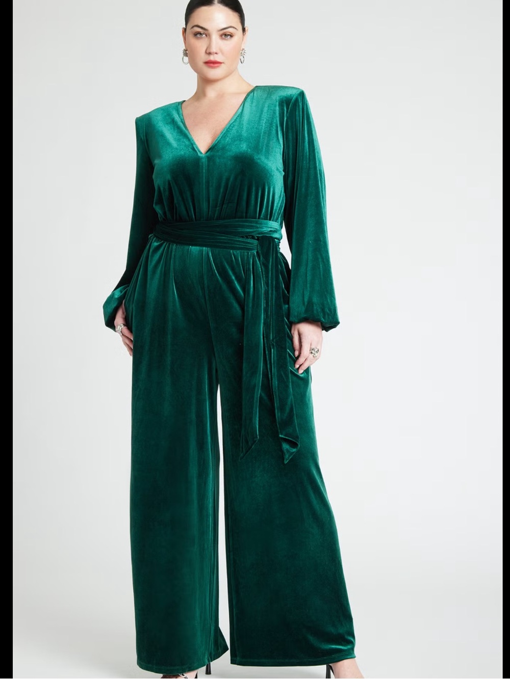 Eloquii Emerald Green Velvet V‑Neck Wide‑Leg Jumpsuit